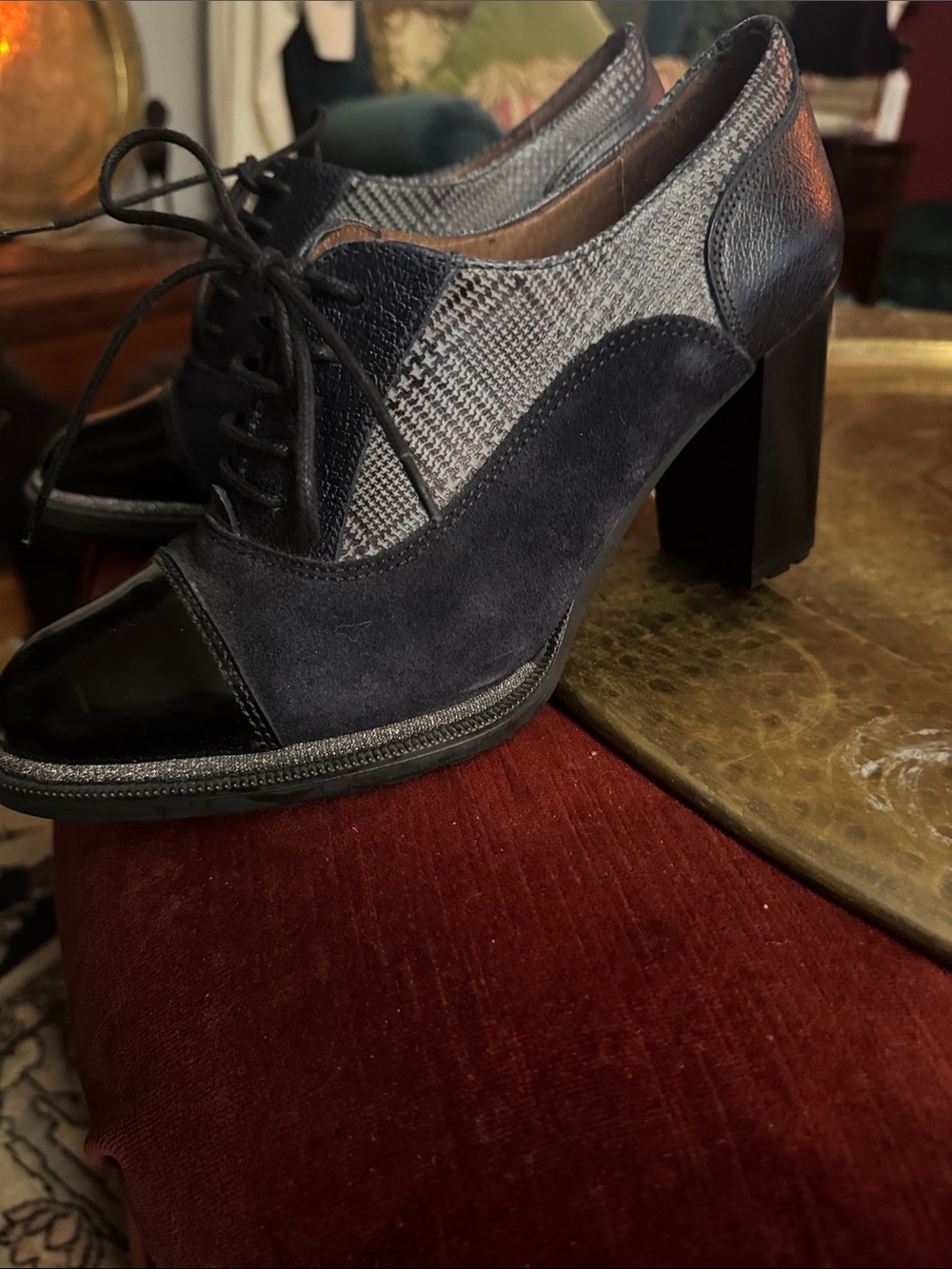 Lace-Up Block Heel Oxfords in Navy Suede and Patent